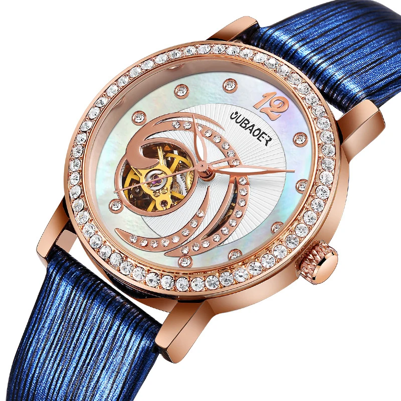 

Oubaoer Fashion Ladies Automatic Mechanical Watch Rhinestone Hollow Waterproof Luminous Leather Shell Female Table Women Gift
