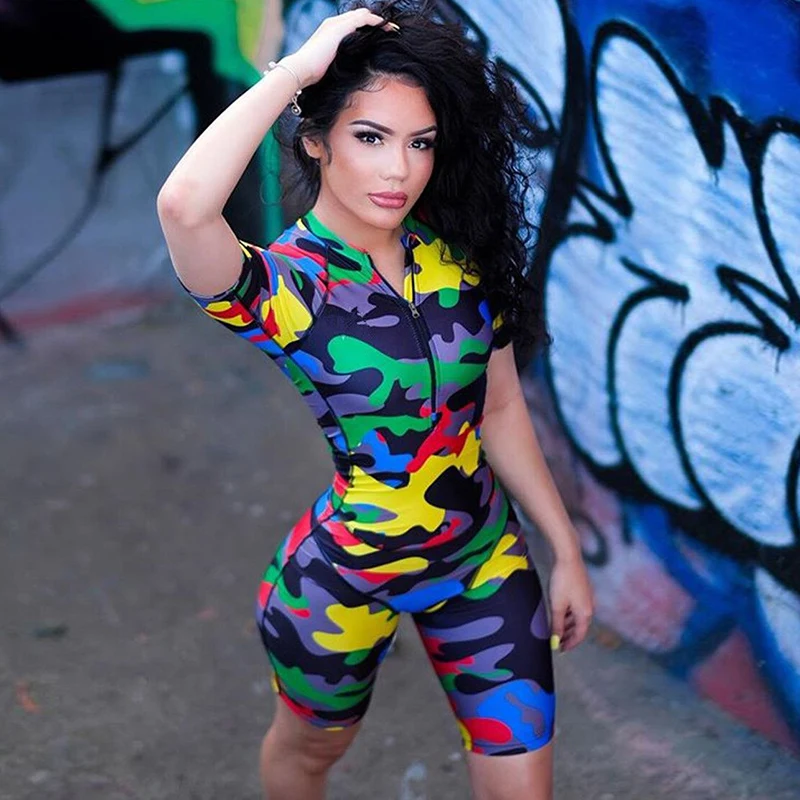 

Women Sexy Playsuit Combinaison Short Sleeve Jumpsuit Camouflage Print Colorful Romper Zipper Streetwear Plus Size Summer Shorts