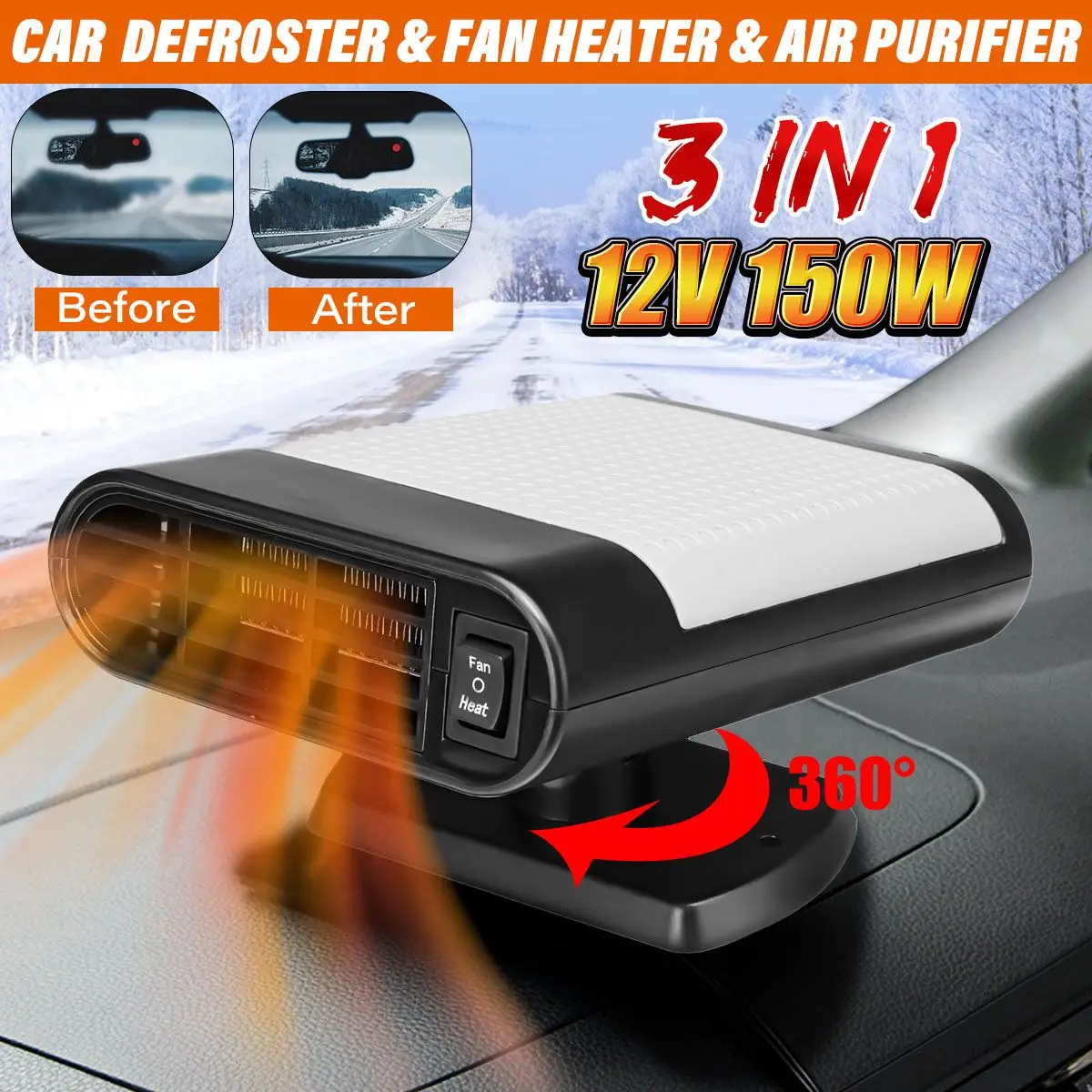 Car Heater Heating Fan 3 in 1 12V 150W Heated Windshield Car Defroster