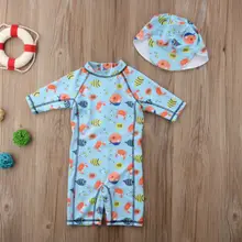 Летняя пляжная одежда для маленьких детей, для маленьких мальчиков и девочек, защита от солнца, с рукавом три четверти и принтом, с круглым вырезом+ шляпа, защитный пляжный костюм, купальники