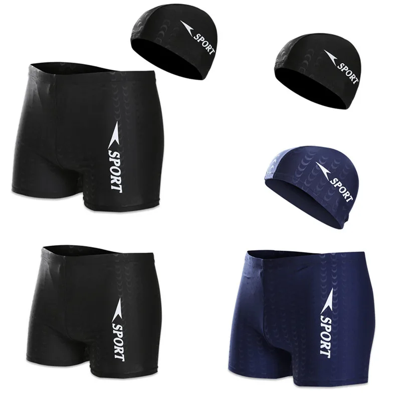 

Fashion Casual Solid Men Swimsuits Summer Swimwear Man Swimming Trunks Boxer Shorts Clothes Large Size With Cap