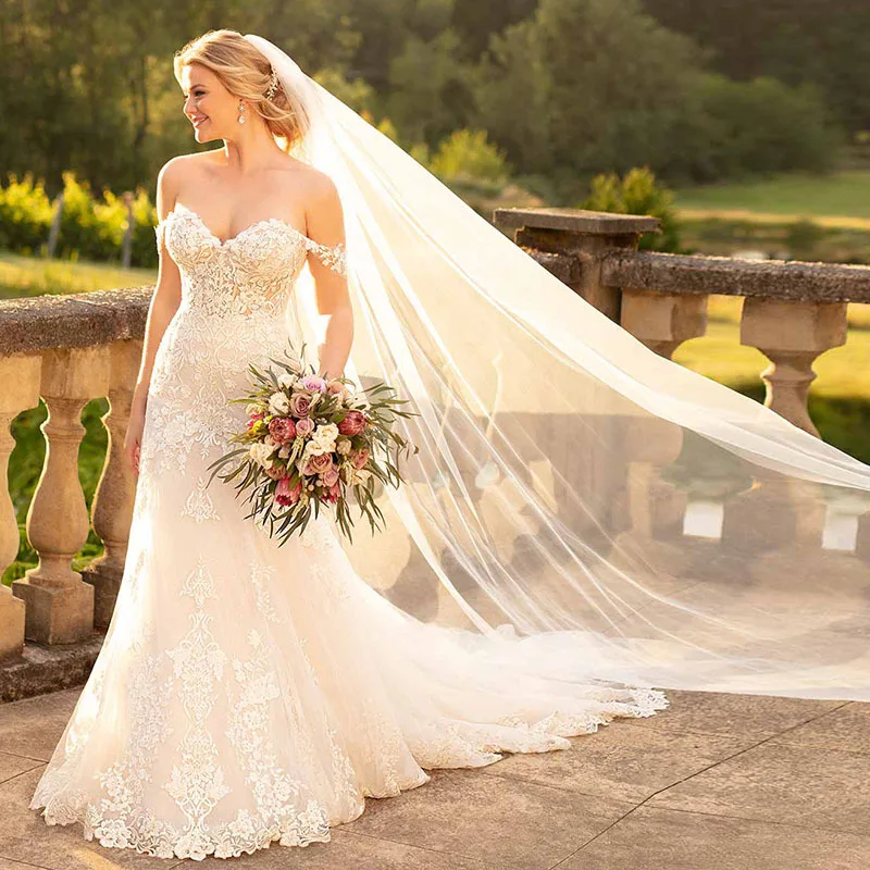 

Eightale Plus Size Wedding Dress Sweetheart Off the Shoulder Appliques Lace Mermaid Wedding Gowns Backless Bride Dress 2019