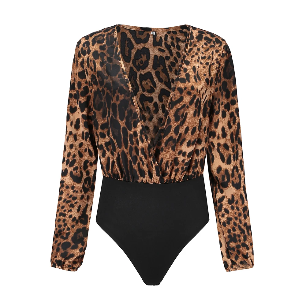 Kenancy женские леопардовые комбинезоны с сексуальным глубоким v-образным вырезом с длинным рукавом боди комбинезоны цельный костюм с рубашкой Облегающий комбинезон