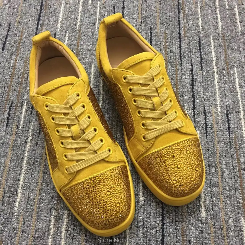 

Low Cut Leisure cl andgz Lace Up Yellow Swarovski Rhinestone diamond Red bottoms For man shoes sneakers Leather Flat Loafers