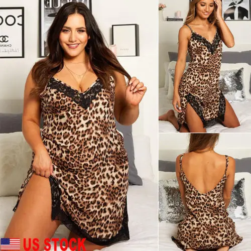 

US Women Sexy V-neck Leopard Sleepwear Robes Lace Nightdress Nightwear Plus size