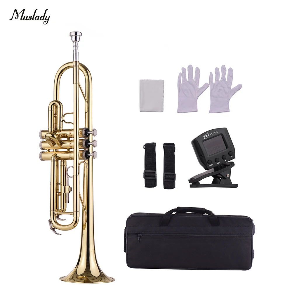 

Muslady Standard Bb Brass Trumpet Wind Instrument with Mouthpiece Carry Bag Gloves Cleaning Cloth Tuner