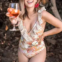 Турмерный цветочный принт бикини пуш-ап глубокий v-образный Вырез Цельный купальник женский сексуальный купальник женский купальный костюм Лето новая ванна
