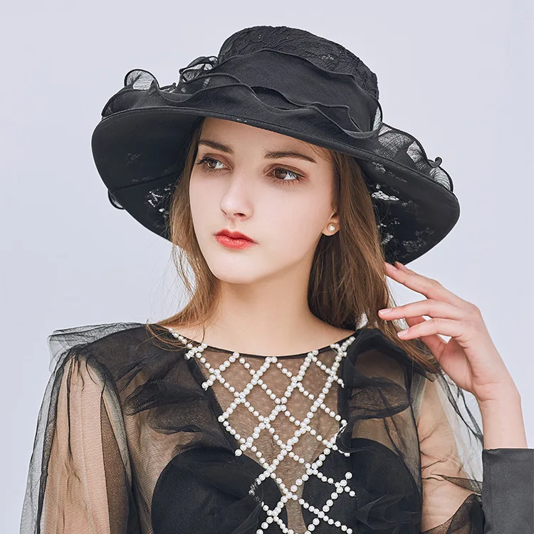 

Women Chiffon Lace Flower Bow Wide Brim Sun Cap Lady Outdoor Beach Party Wedding Fedoras Floppy Sunhat Caps