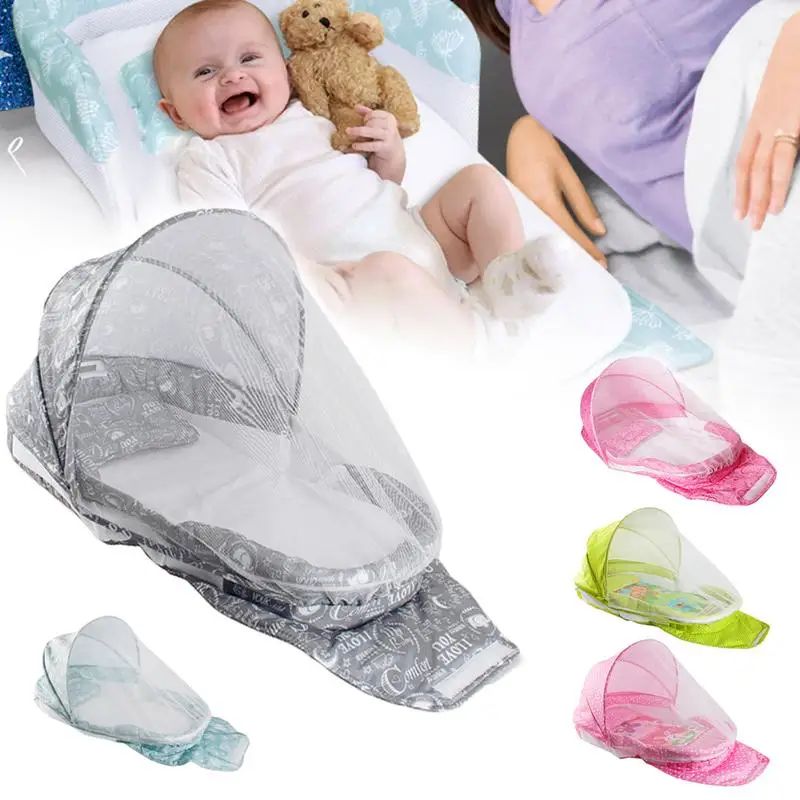 

Portable Newborn Travel Bed With Mosquito Net Incline Wedge Foldable Bassinet With Breathable Baby Pillow Detachable Baby Bed