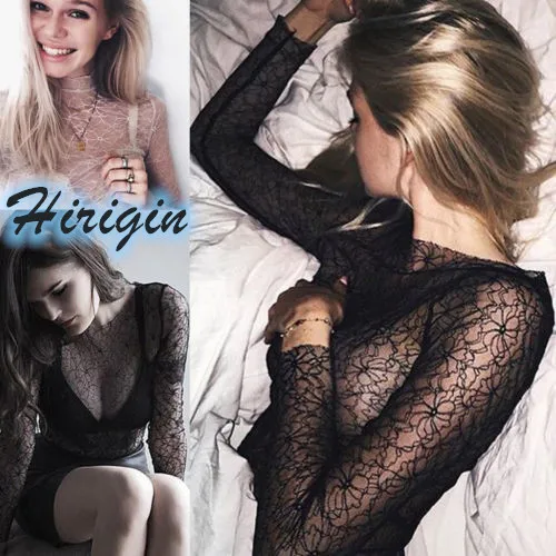 

Summer T-shirts New Summer Women Sexy See through Lace Mesh T-shirt O-neck Long Sleeve Short T Shirt Size S-XL