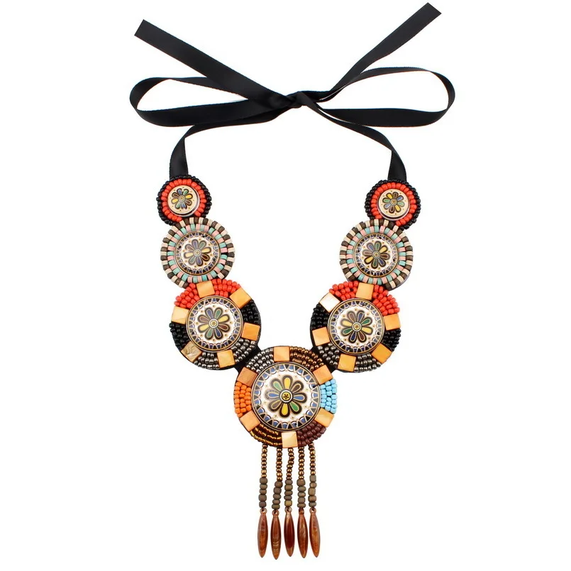 

Vintage Tibetan Antique Wood Bead Tassel Pendant Necklace for Women Florate Brand Colorful Enamel Big Statement Choker Jewelry
