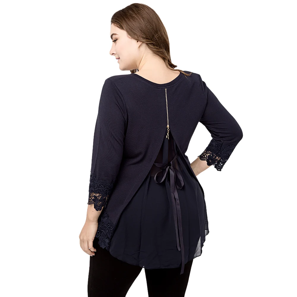 

Wipalo Women Lace Crochet Spliced Mesh Back Zipper Bowknot Plus Size T-Shirt Round Collar 3/4 Sleeve Casual Solid Tee Top 5XL