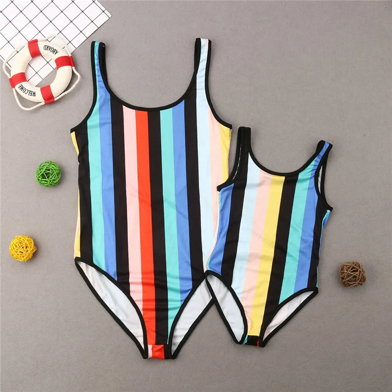 

2019 Summer Active Family Matching Swimwear Mother Girls Women Kids Rainbow Striped Bodysuits Sleeveless Backless Beachwear