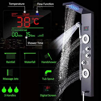 

Luxury Black/Brushed Bathroom LED Shower Panel Tower System Wall Mounted Mixer Tap Hand Shower SPA Massage Temperature Screen