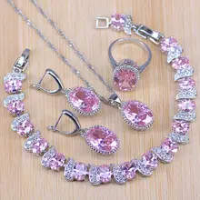 Натуральный розовый кристалл 925 серебряная бижутерия наборы белый циркон браслеты кулон и ожерелье кольца серьги