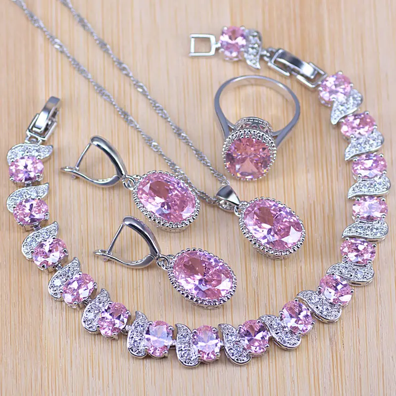 Natural Pink Crystal 925 Silver Costume Jewelry Sets White Zircon