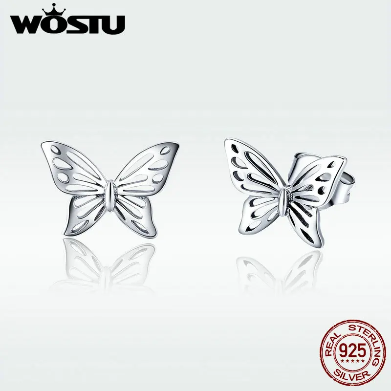 WOSTU, Настоящее Новое 925 пробы, серебряные ажурные серьги-гвоздики с бабочкой для женщин и девушек, брендовые серебряные ювелирные изделия, подарок DXE452
