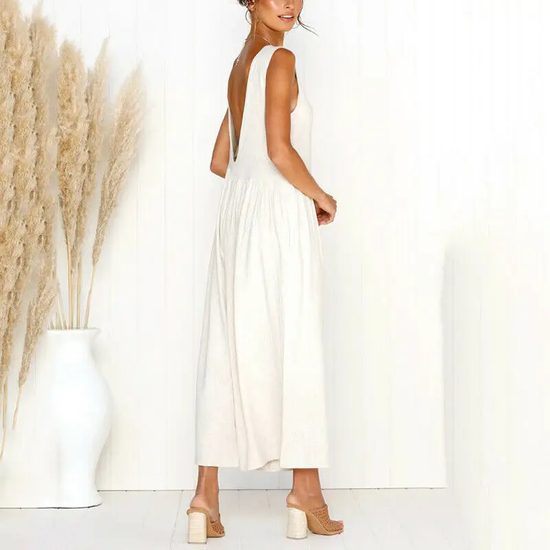 

Ladies Romper Round Neck Sleeveless Beach Loose Jumpsuit Backless Wide Leg Solid