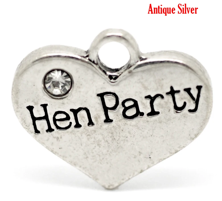 

Lovely Antique Silver Rhinestone "Hen Party" Heart Charm Pendants 16mm x 14mm(5/8"x1/2"),20pcs (B17871)