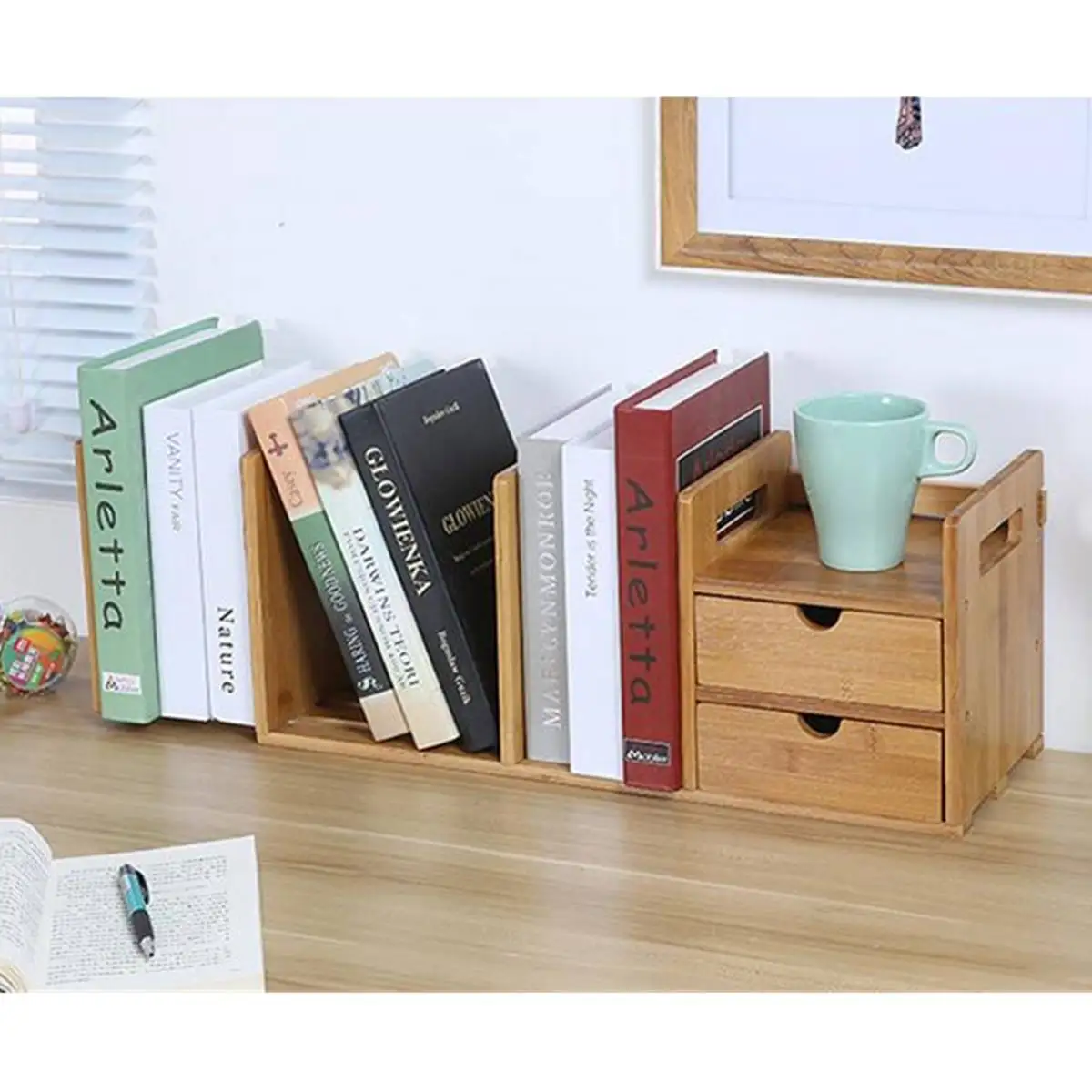 

Bamboo Desktop Bookshelf Desk Organizer Extendable Storage With 2 Drawers Storage Shelf Finishing Rack Office Desktop BookCases