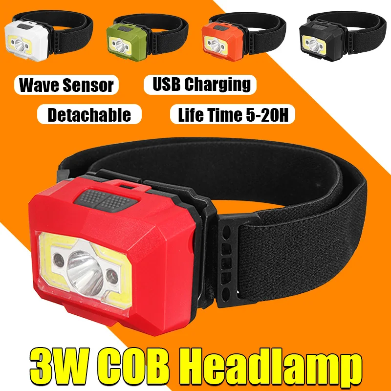 

USB Rechargeable 6000lm COB LED Headlamp Motion Sensor Head Lamp Light Bike Headlight Fishing Flashlight Torch Head Battery