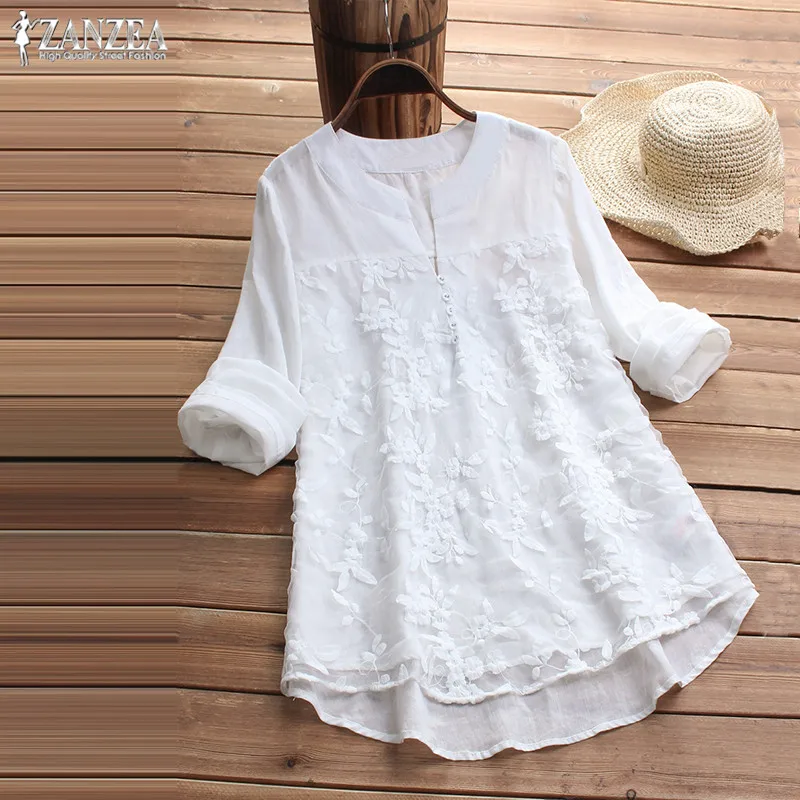 Модная женская летняя блузка ZANZEA размера плюс, туника, топ, элегантная рубашка с длинным рукавом, v-образный вырез, вышивка, блузы, Повседневная сорочка