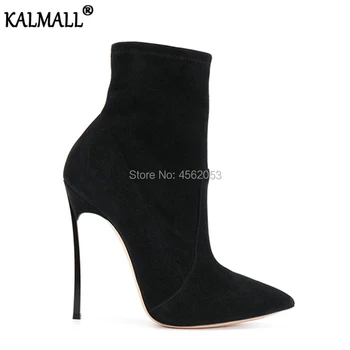 

KALMALL Chaussures Femme Plus Size Slip On Stretch Botas Pointed Toe Extreme High Heels Shoes Plain Suede Ankle Boots For Women