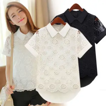 

Fashion Women Hollow Out Lace White Black Loose OL Blouse Short Sleeve Girls Trendy Summer Casual Peter Pan Collar Blouse