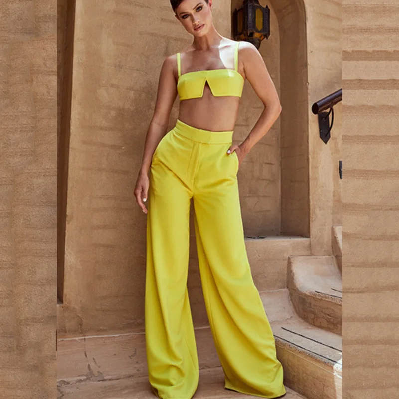 MUXU желтый Подтяжки комплект из двух предметов топ и брюки лето сексуальная женская одежда брюки комплект спинки одежда