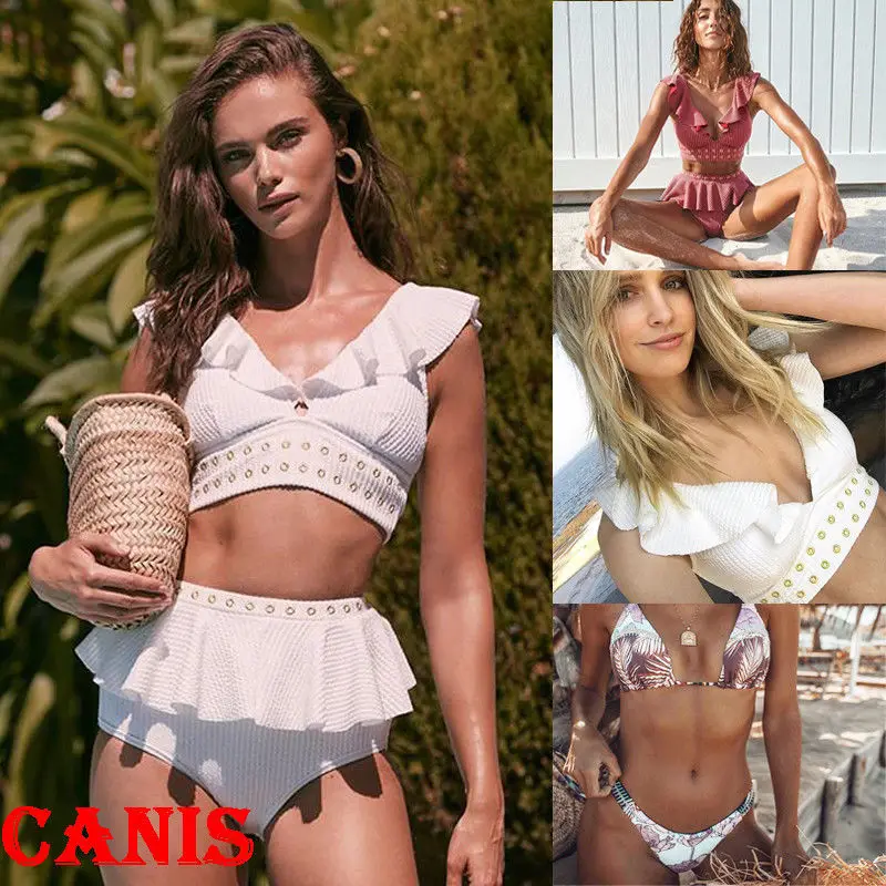 

2pcs Women Sexy Swimsuits Beachwear Deep V Swimwear Ruffle Bikini Bathing Sets