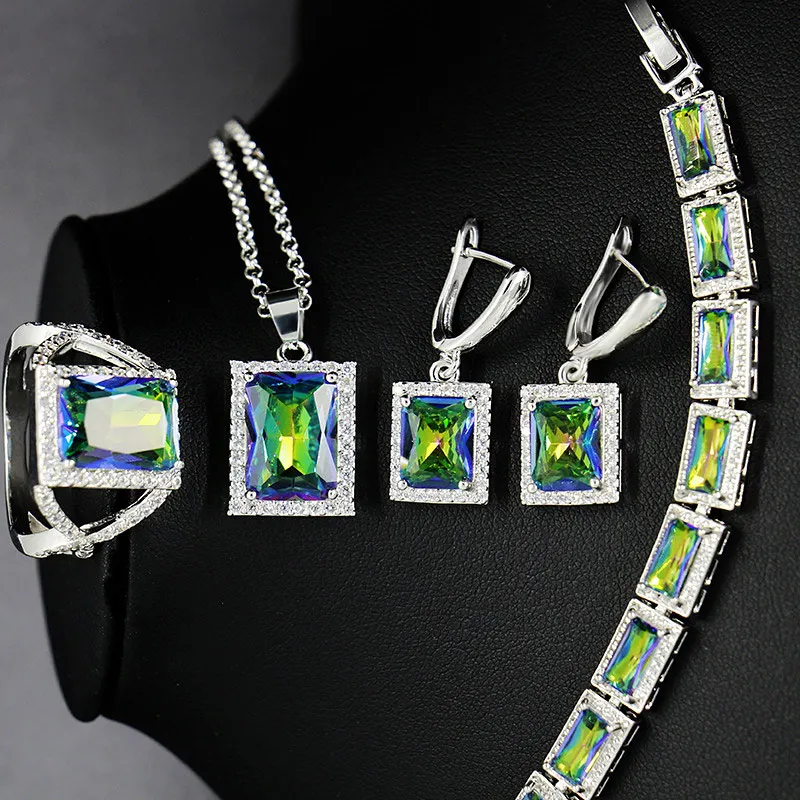 

Natural Rainbow 925 Sterling Silver Jewelry AAA Zircon Jewelry Sets For Women Necklace Earrings Ring Pendants Bracelets