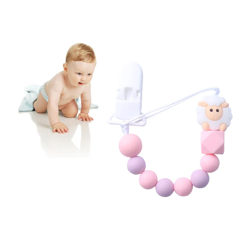 

Cute Baby Sheep Cartoon Pacifier Clip Toys Silicone Pacifier Chain Color Beads Dummy Clip Infant Teething Soother Holder