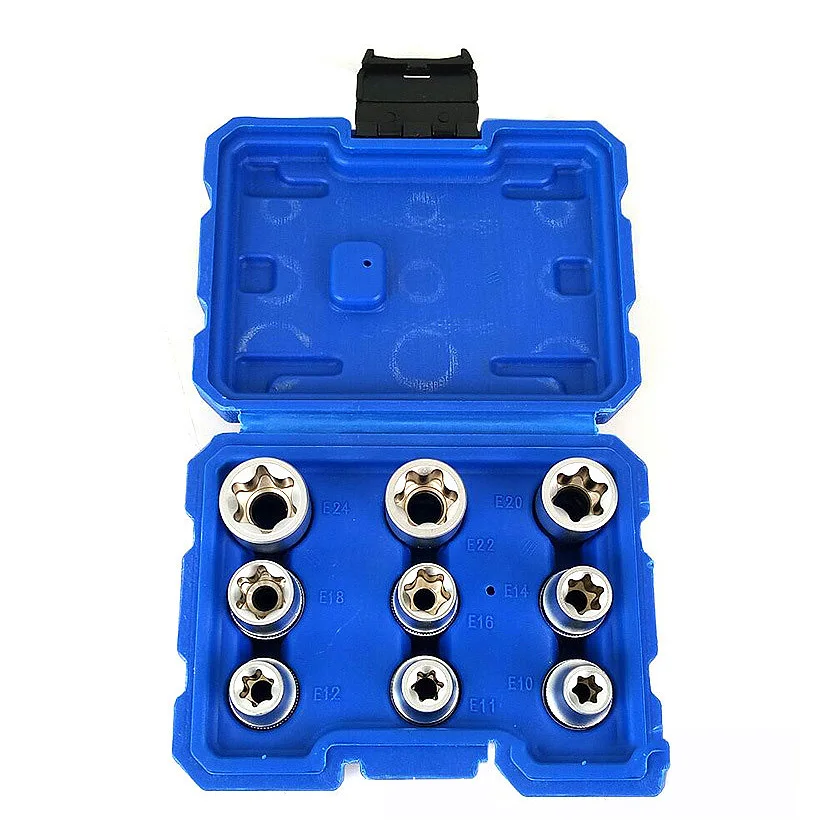 9Pcs 1/2 Plum Hex Socket Set Torx Star E Socket Sleeve Nuts Driver Bits E10-E24 Household Machine Car Repair Wrench Sleev