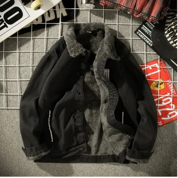 

Winter New Denim Jacket Men Plus Velvet Thick Warm Fashion Solid Color Coat Man Street Hip Hop Casual Loose Outwear Male Clothes