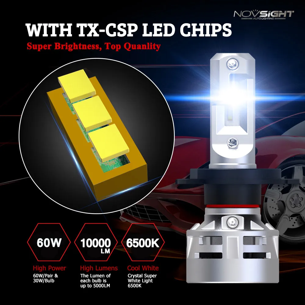 NOVSIGHT HB3 светодиодный фары 9005 9006 H4 H7 H11 с высоким качеством CSP чипов 60 Вт 6500 к супер