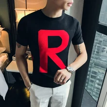 Летняя трикотажная футболка с круглым вырезом и коротким рукавом; Повседневная футболка с буквенным принтом «R»; модная уличная одежда; облегающая футболка для мужчин; Camisetas Hombre