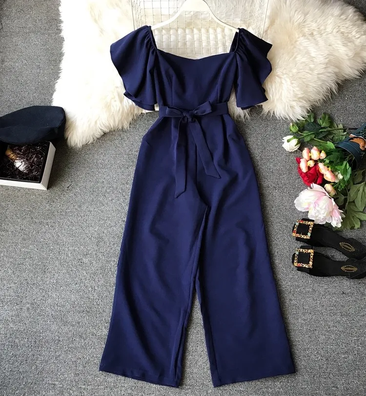 

Women Solid Flare Sleeve Lace-Up Pocket Waist Wide Leg Jumpsuits Casual Women Slash Neck Elegant Overalls