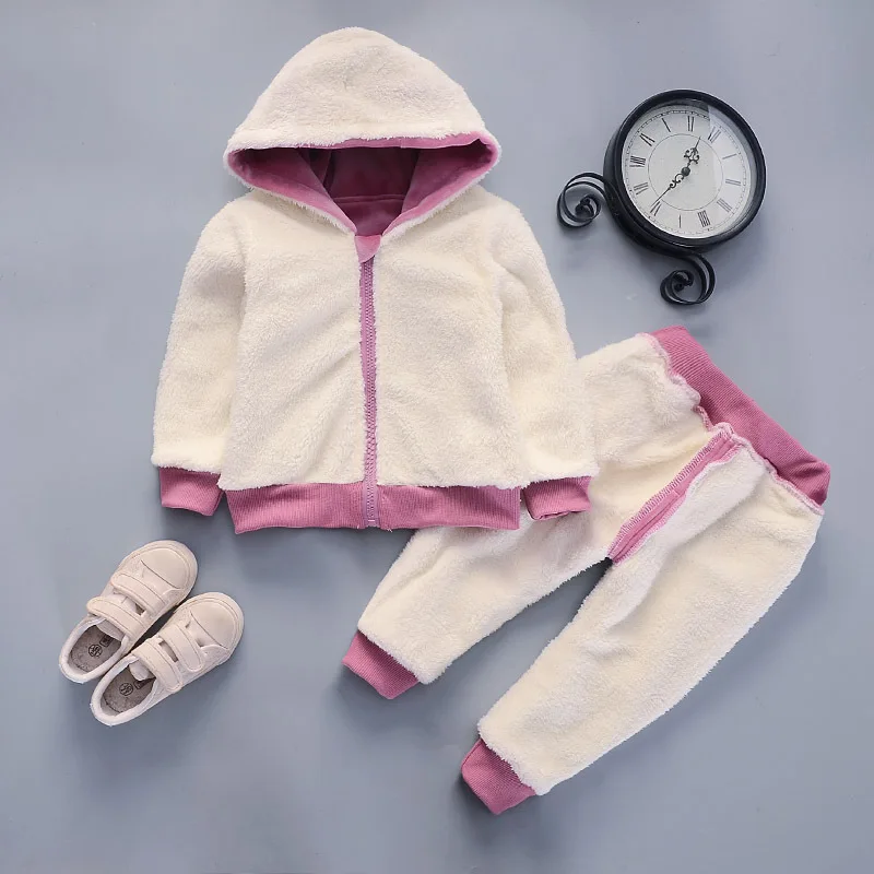 Toddler girl winter clothes new hooded plus velvet thickened arctic cashmere girls cartoon zipper jacket+ pants suit