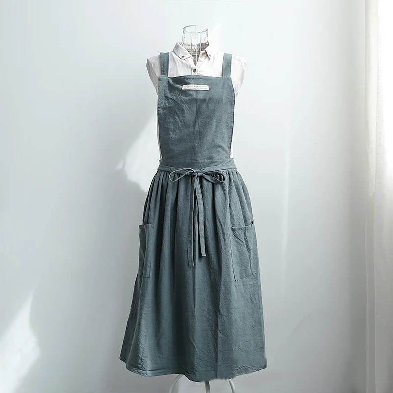 

Women Bib Apron Washed Cotton Linen Cotton Linen Sleeveless Pinafore Dress Kitchen Coffee Cooking Pink, Light Green, Dark Grey