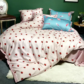 

Luxury Egyptian cotton bedding set red strawberry print Soft Satin blue cartoon style bed linen duvet cover bedspread