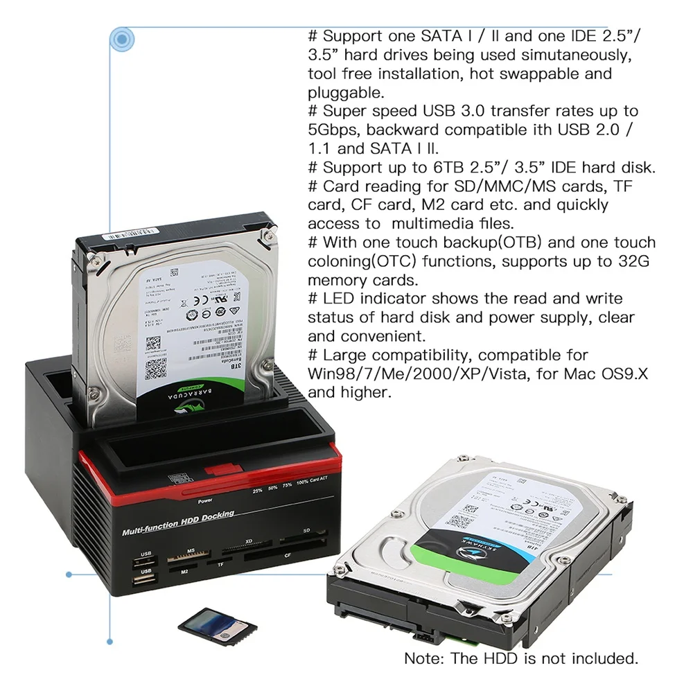 IG-2.5Inch/3,5 дюйма Usb 3,0-2 порта Sata 1 порт Ide Внешний Hdd жесткий диск Док-станция кард-ридер Usb3.0 концентратор