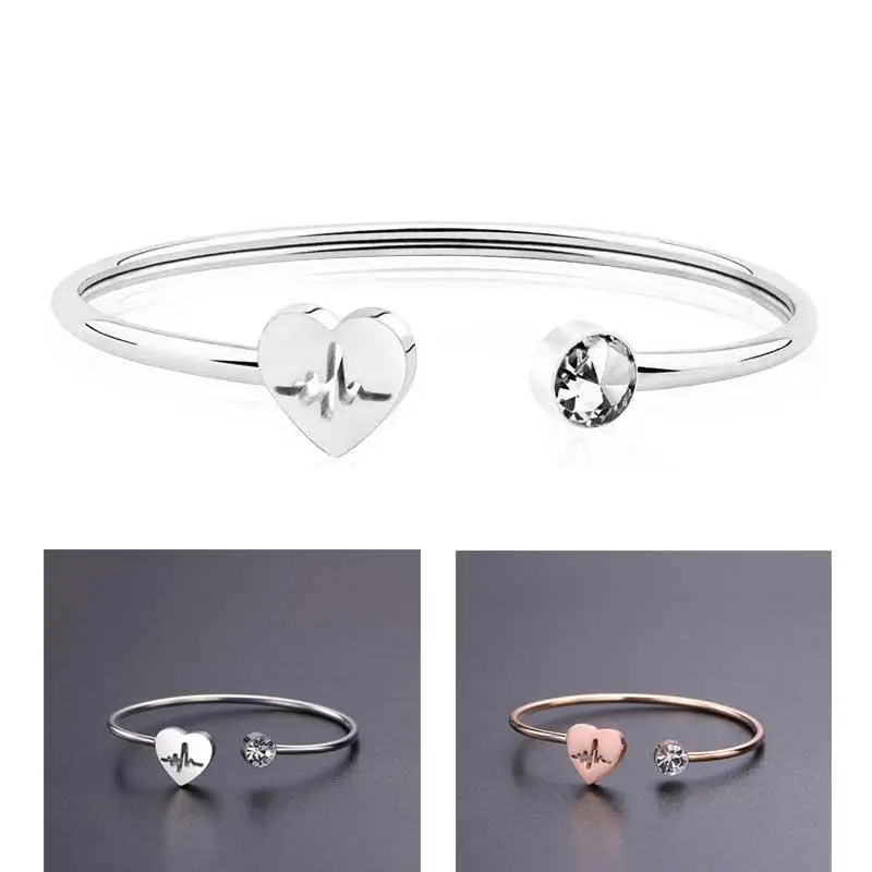 New Fashion Adjustable Crystal Heart Cuff Opening Bracelet Women Jewelry Gift Accessories Bangles Charming girls gift love | Украшения и