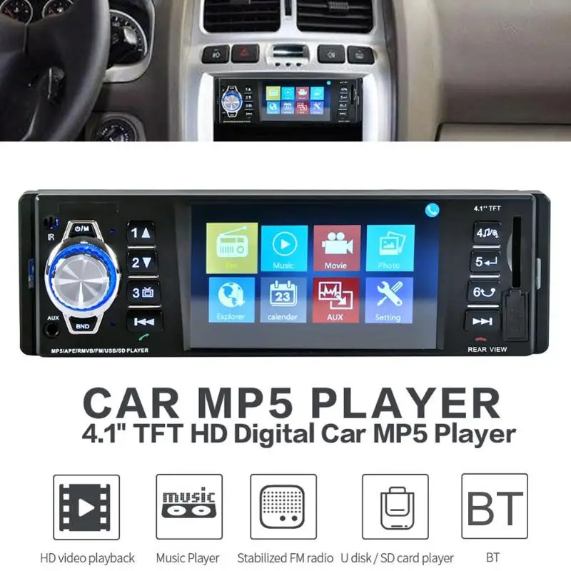 New Car Video 4.1 inches 12V LCD Screen Bluetooth Car MP5 MP3 Player FM Radio USB Charger AUX with Adapter Cable Remote Control