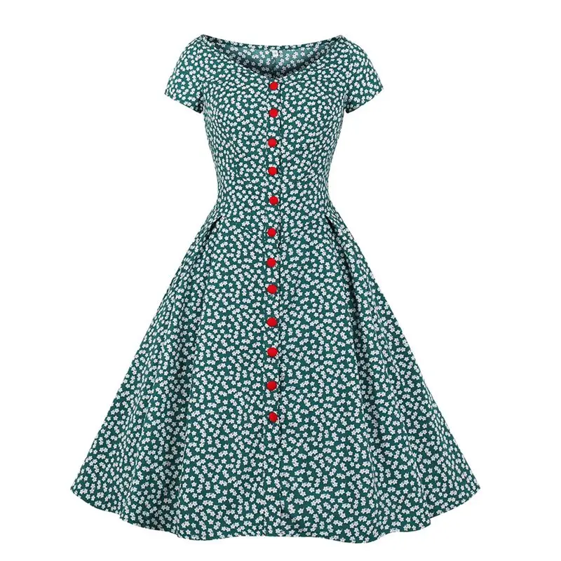 

Big Size Elegant Party Office Lady Sexy Preppy Retro Rockabilly Pin Up Women Dresses Floral Button Print Vintage Green Dress