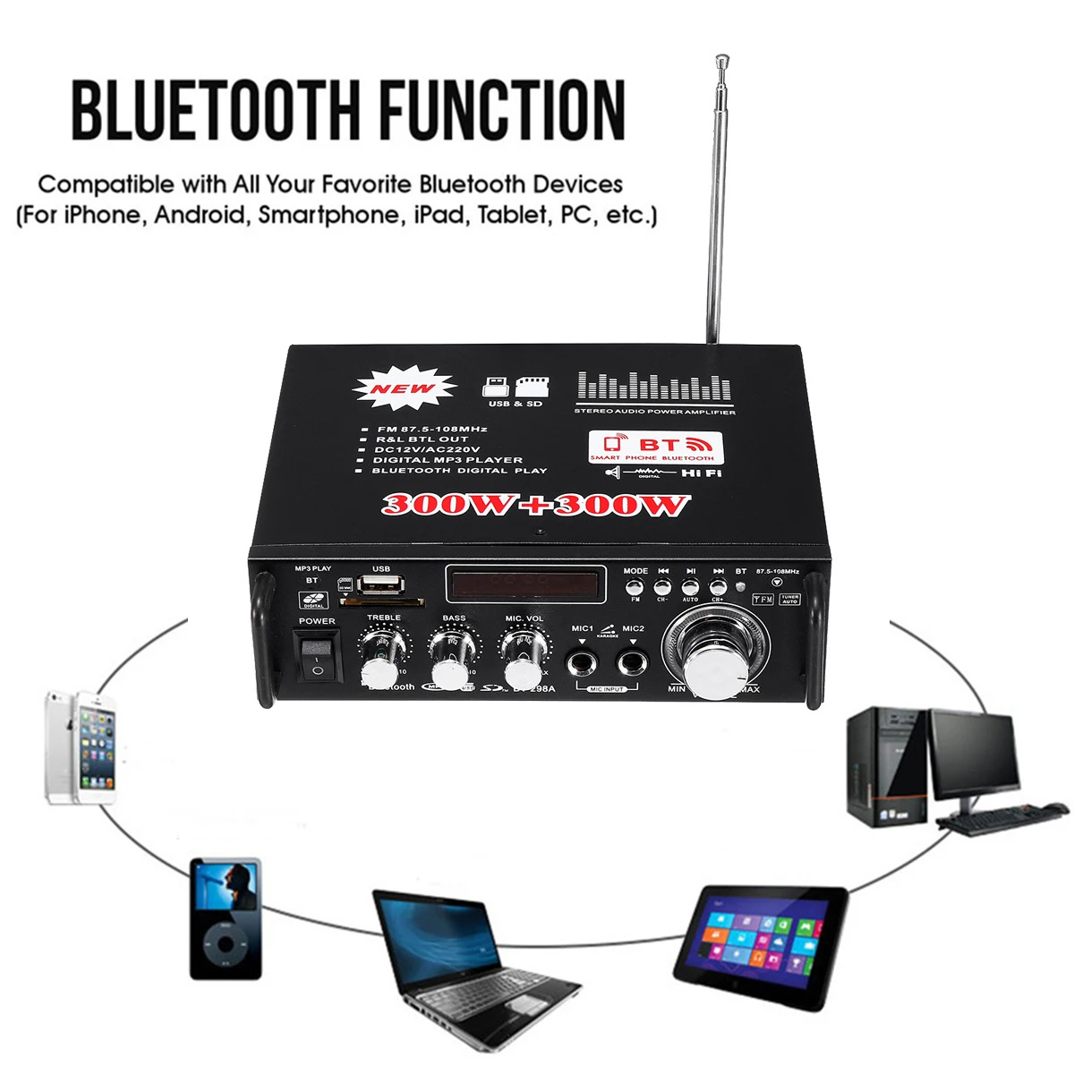 12 В/220 В 600 Вт автомобильный Hi-Fi усилитель аудио стерео мощность bluetooth FM радио 2CH домашний кинотеатр усилители Мини Amplificador аудио