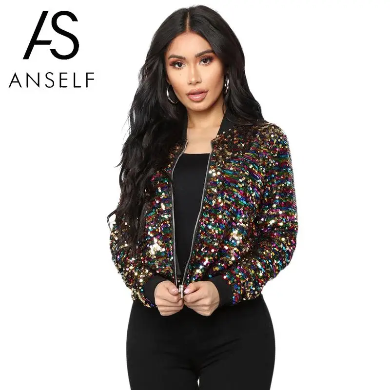 

Women Bomber Jacket Colorful Sequined Glitter Jacket Bling Bling Long Sleeve Zipper Cool Street Club Wear Coats Female Outwear