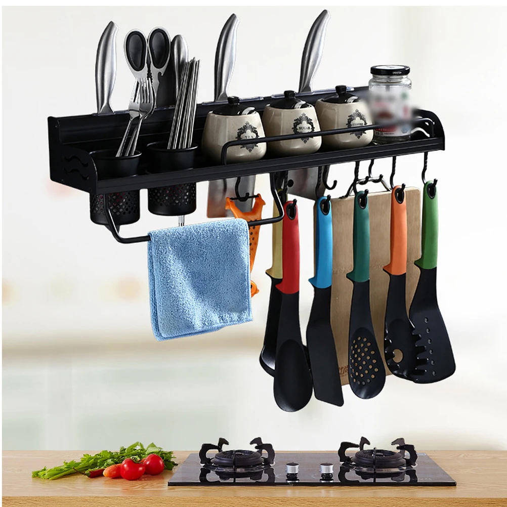

Space Aluminum Kitchen Storage Holder Multifunction Punch Free Nailless Wall-mounted Knife Rack Seasoning Holder with 10 Hooks
