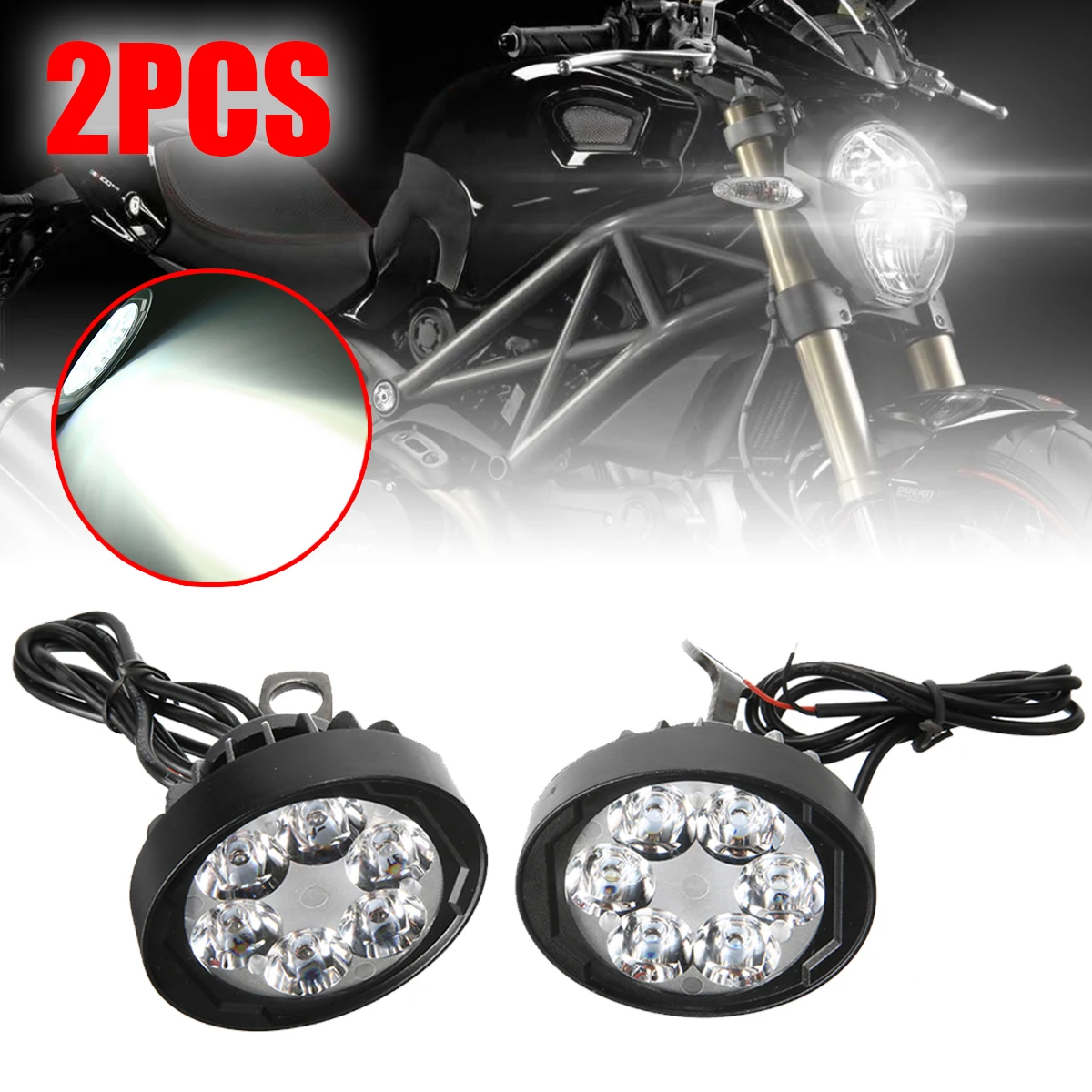 

Mayitr 2PCS 6LED White Motorcycle Spot Assist led Fog Lights ABS Plastic&Metal Stem Front Headlight 6000-6500K 12V