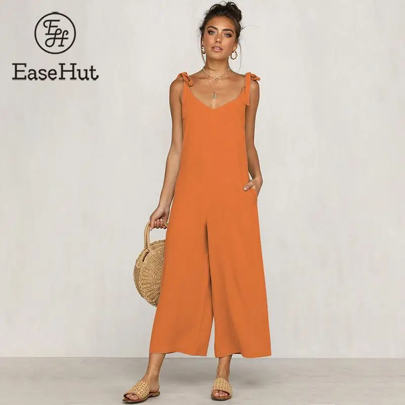 

EaseHut Sexy Sleeveless Bandage Women Summer Jumpsuit Solid Color Casual Loose Backless Slim Female Wide Leg Rompers Overalls