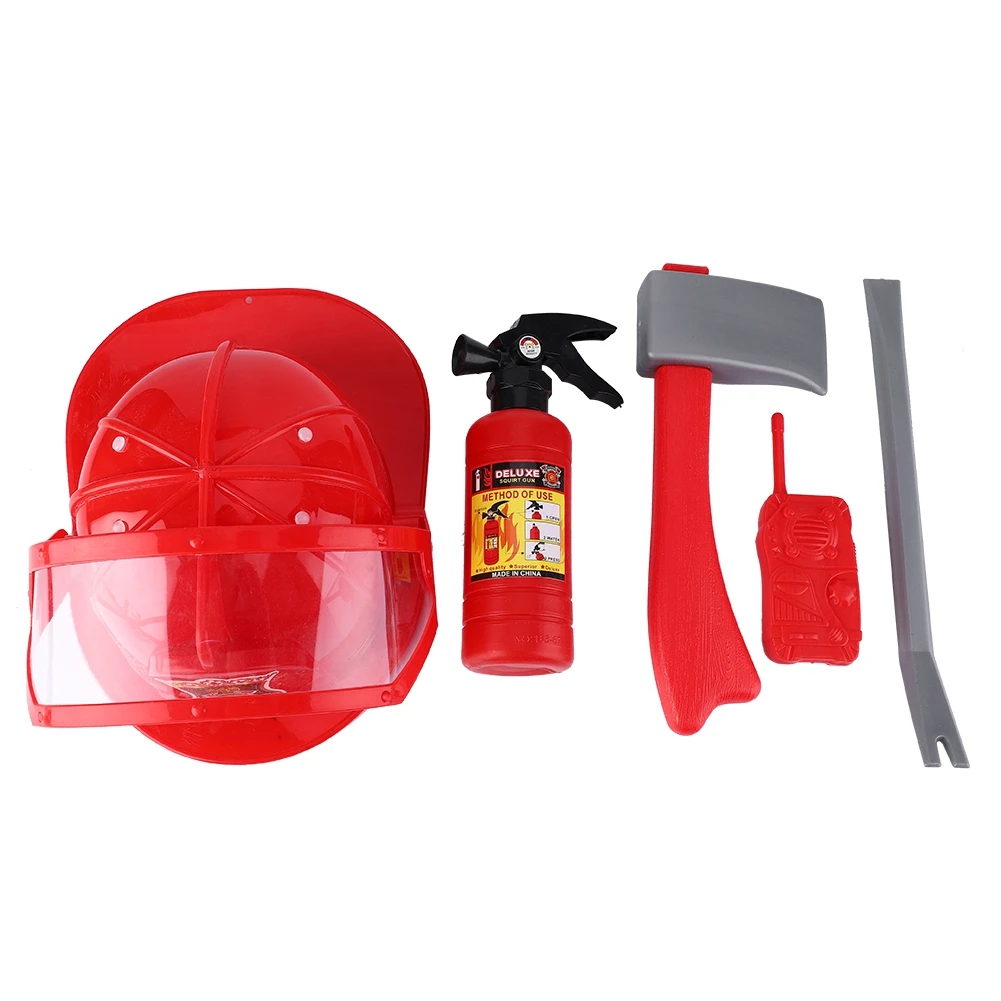 

5pcs Children Firefighter Fireman Cosplay Toys Kit Helmet Fire Extinguisher Intercom Axe Wrench for Fancy Dress Girl Boy